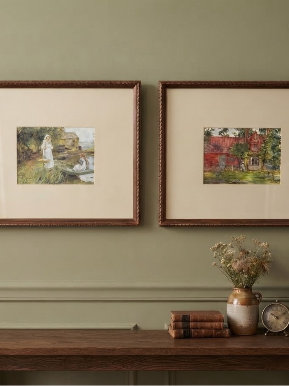 Framed Vintage Landscape Art Prints in Beige and Copper Frames